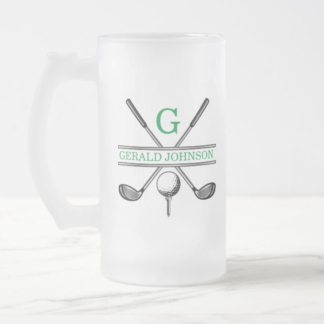 Elegant Minimalist Custom Golf Monogram Frosted Glass Beer Mug (Left)