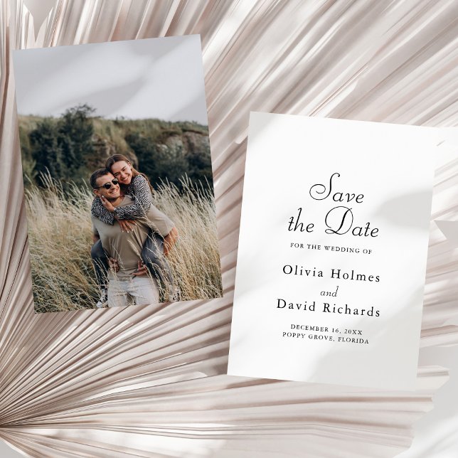 Elegant Minimalist Custom Photo Save the Date Card (Elegant Minimalist Custom Photo Save the Date Card on a sunny neutral dry palm leaf.)