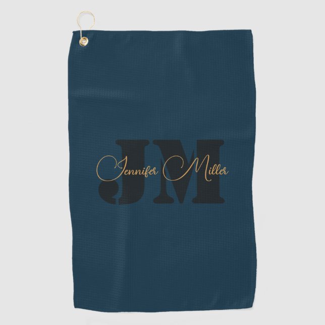 Elegant minimalist dark denim blue monogram design golf towel (Front)