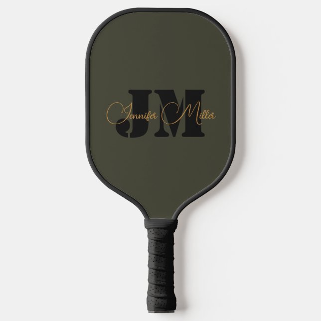 Elegant minimalist dark olive monogram design pickleball paddle (Front)