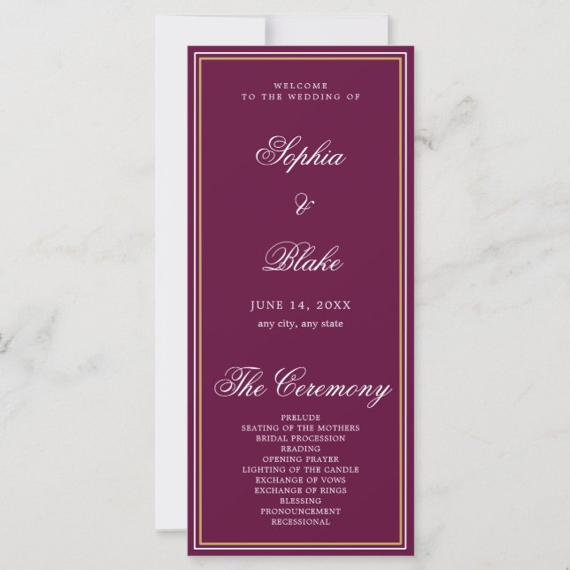 Elegant Minimalist Dark Purple Wedding Program (Front)