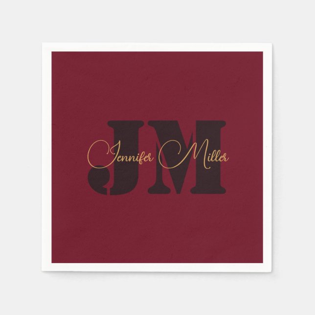 Elegant minimalist deep burgundy monogram design napkin (Front)