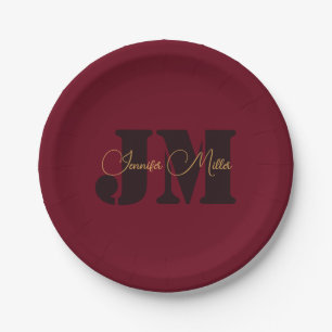 Elegant minimalist deep burgundy monogram design paper plate