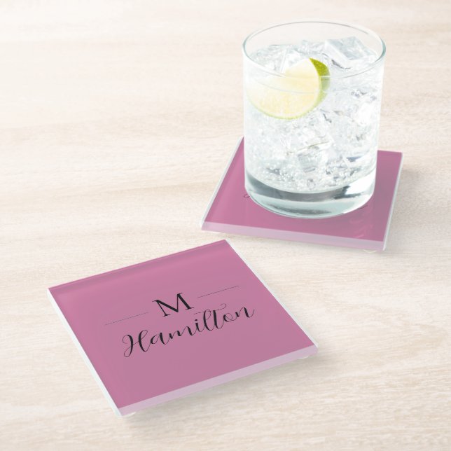Elegant Minimalist Deep Pink Monogram Name Glass Coaster (Angled)