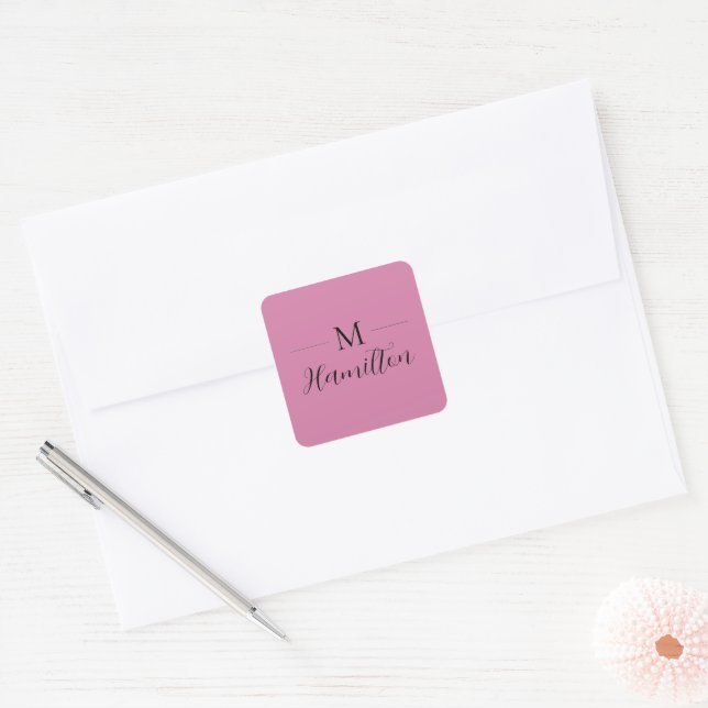 Elegant Minimalist Deep Pink Monogram Name Square Sticker (Envelope)