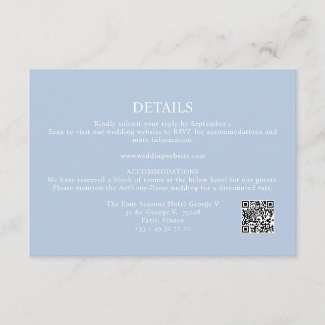 Elegant Minimalist Dusty Blue Details QR Code  Enclosure Card (Front)