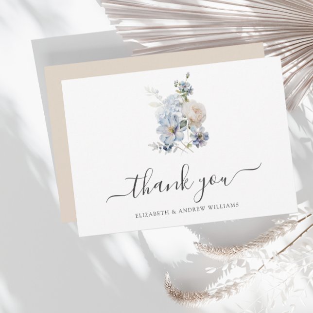 Elegant Minimalist Dusty Blue Flowers Wedding Thank You Card (Creator Uploaded)