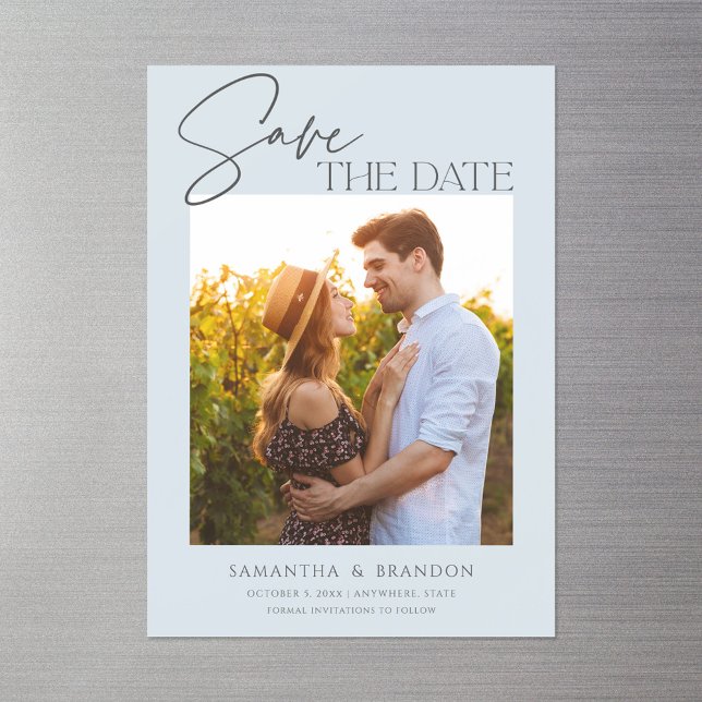 Elegant Minimalist Dusty Blue Photo Save the Date Magnetic Invitation (Creator Uploaded)