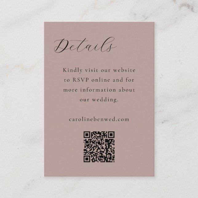Elegant Minimalist Dusty Mauve Script QR Wedding Enclosure Card (Front)