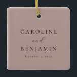 Elegant Minimalist Dusty Mauve Wedding Favor Ceramic Ornament<br><div class="desc">This wedding favor tag features a warm mauve background with clean black typography showcasing the couple’s names and wedding date. The minimalist layout and simple font pairing create an elegant, timeless look that works with any wedding style. Perfect for favor bags, welcome boxes, or small gifts for guests. A refined...</div>