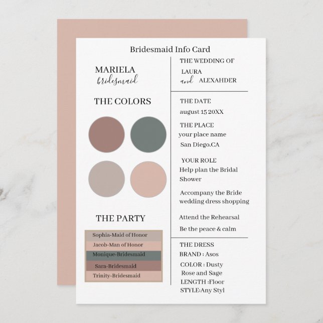 Elegant Minimalist Dusty Rose and Sage Bridesmaid  Invitation (Front/Back)