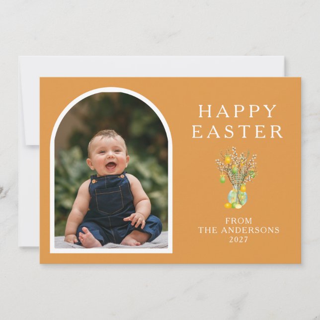 Elegant Minimalist Easter Egg Branch Photo Holiday Card (Front)