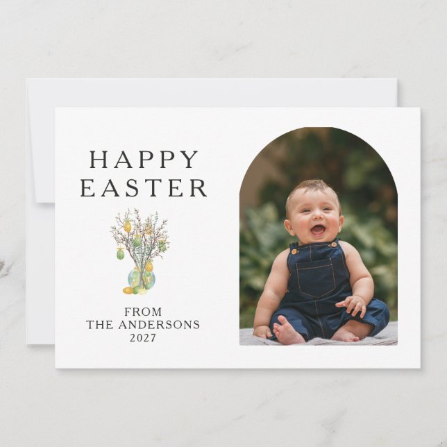 Elegant Minimalist Easter Egg Branch Photo Holiday Card (Front)