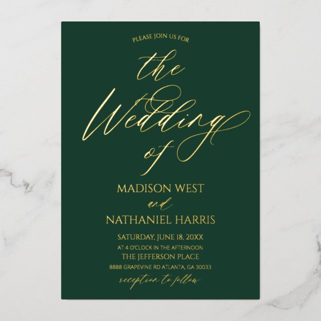 Elegant Minimalist Emerald Green Gold Wedding (Front)