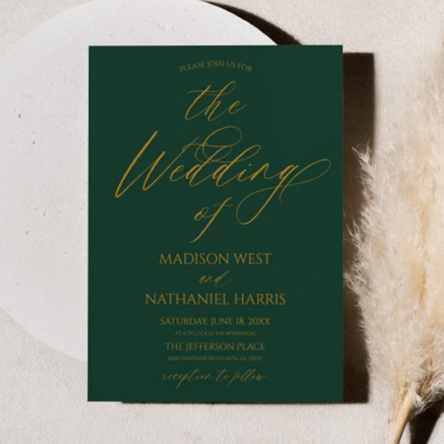 Elegant Minimalist Emerald Green Gold Wedding Invitation (Creator Uploaded)