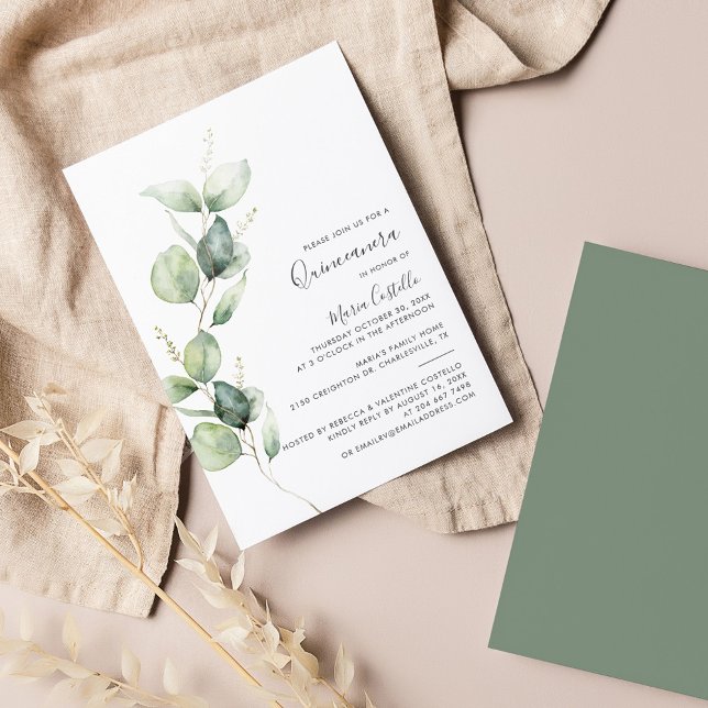 Elegant Minimalist Eucalyptus Quinceanera Invitation (Quinceanera 15th Birthday Party Eucalyptus Invitation Front and Back)