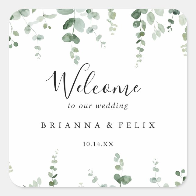 Elegant Minimalist Eucalyptus Wedding Welcome  Square Sticker (Front)