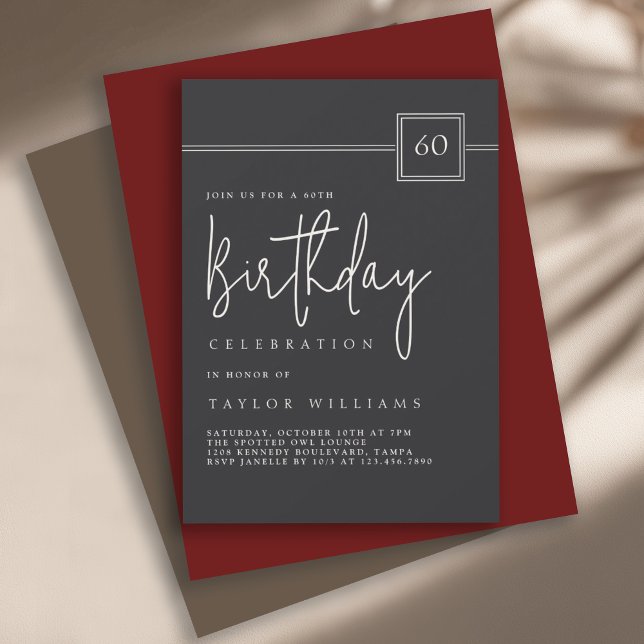 Elegant Minimalist Flat Black 60th Birthday Invitation (Available in both printed and instant download digital formats.)