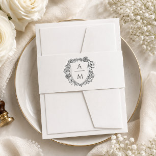 Elegant Minimalist Floral Crest Wedding Monogram Invitation Belly Band