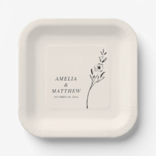 Elegant Minimalist Floral Drawing Custom Wedding Paper Plate