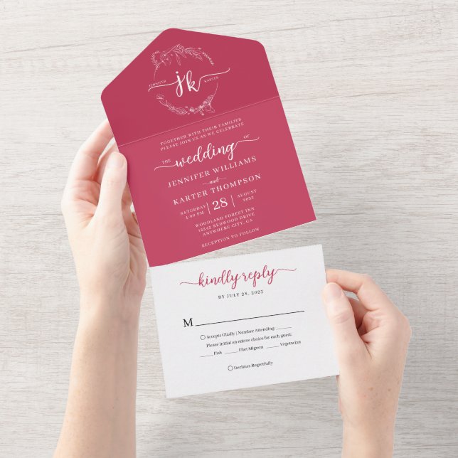 Elegant Minimalist Floral Magenta Monogram Wedding All In One Invitation (Tearaway)