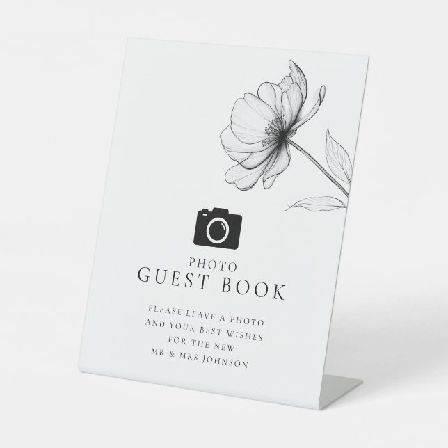 Elegant Minimalist Floral Photo Guest Book Wedding Pedestal Sign (Front)