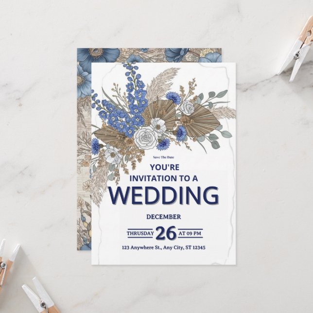 Elegant Minimalist Floral Wedding Invitation (Front/Back In Situ)