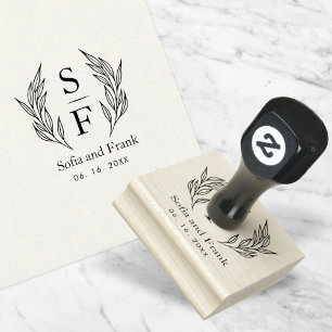 Elegant Minimalist Foliage Wedding Monogram Rubber Stamp