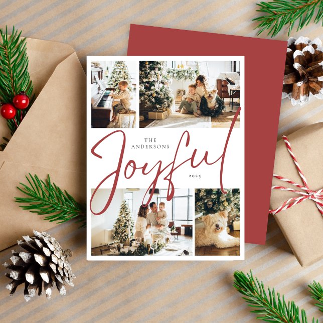 Elegant Minimalist Four Photo Joyful Christmas Holiday Card (Creator Uploaded)