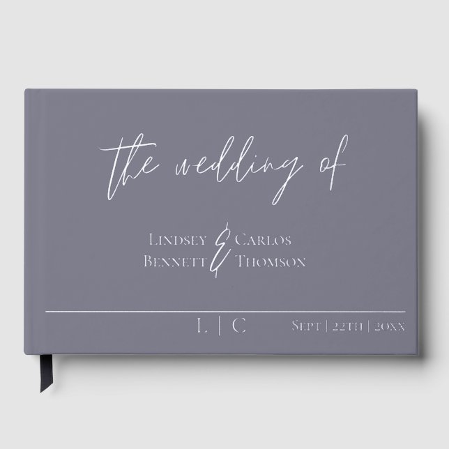 Elegant minimalist gloomy grey calligraphy foil guest book (Front)