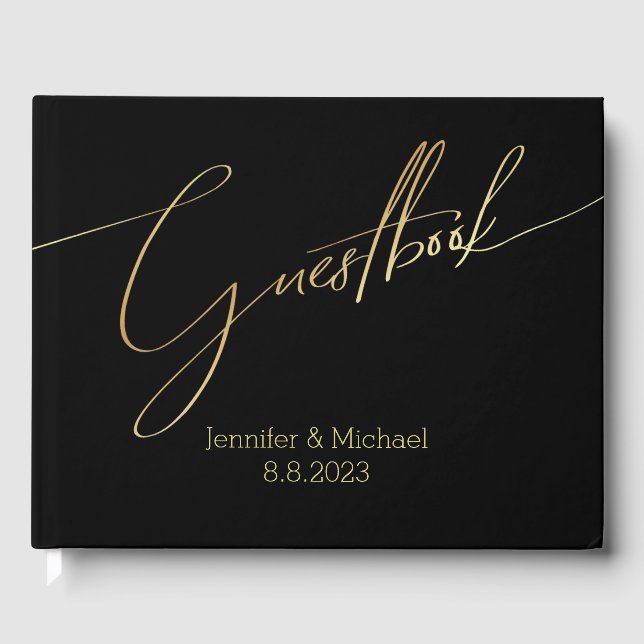 elegant minimalist gold black handwriting wedding guest book (Front)
