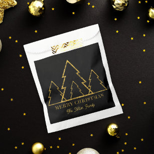 Elegant Minimalist Gold Christmas Trees on Black Favour Bags