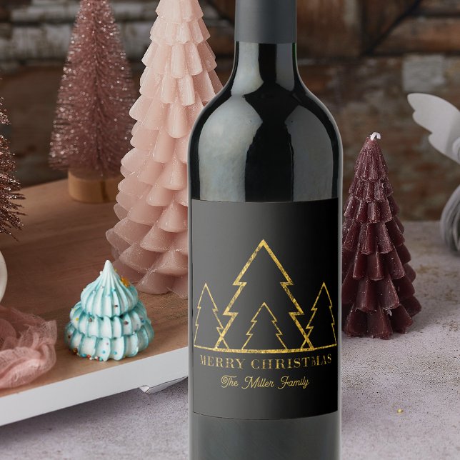 Elegant Minimalist Gold Christmas Trees on Black Wine Label (Creator Uploaded)
