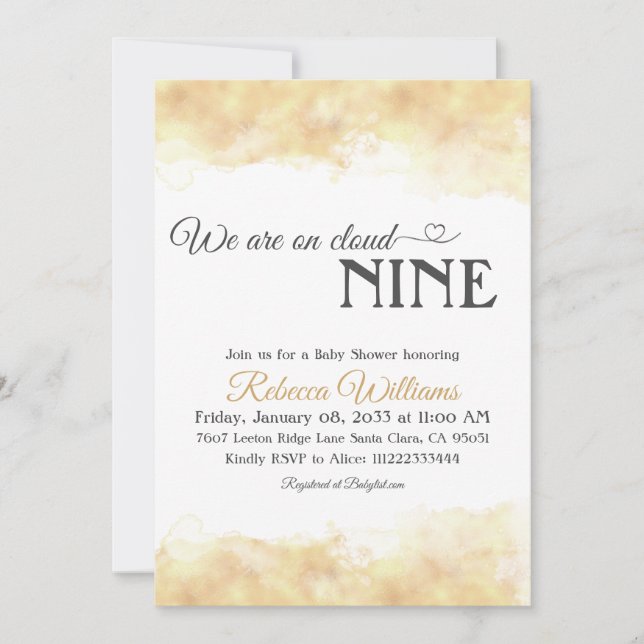 Elegant Minimalist Gold Cloud 9 Nine Baby Shower Invitation (Front)