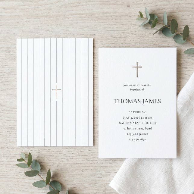 Elegant Minimalist Gold Cross Baptism Invitation (Creator Uploaded)