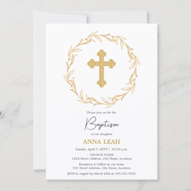 Elegant Minimalist Gold Cross Wreath Baptism Invitation (Front)