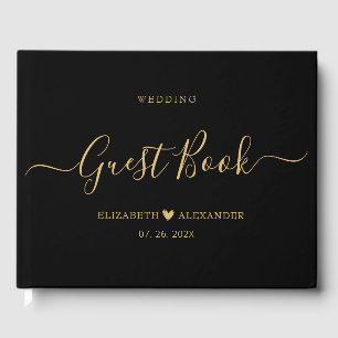 Elegant Minimalist Gold Script Black Wedding Guest Book