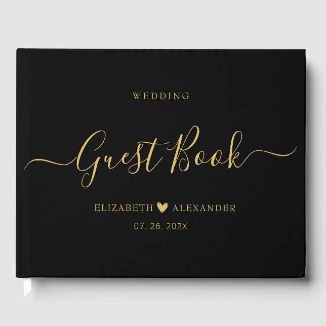 Elegant Minimalist Gold Script Black Wedding  Guest Book (Front)
