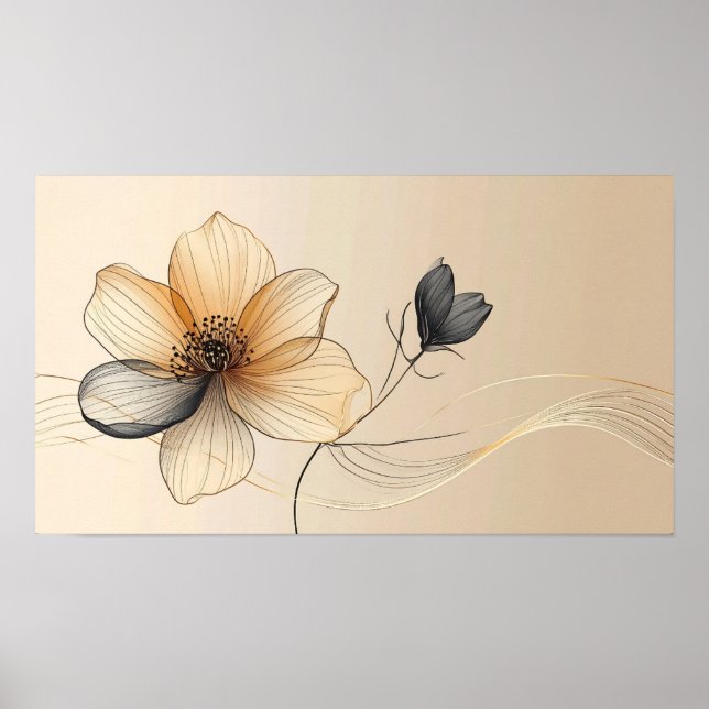 Elegant Minimalist Gold & Sheer Beige Floral Botan Poster (Front)