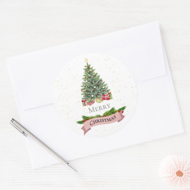 Elegant Minimalist Gold Star Tree Merry Christmas  Classic Round Sticker (Envelope)