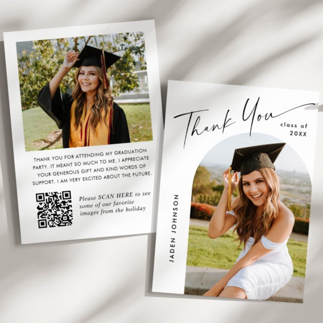 Elegant Minimalist Graduation 2 Photo QR code Thank You Card (Creator Uploaded)