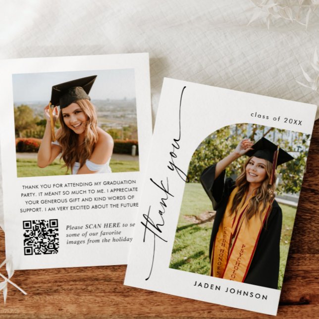 Elegant Minimalist Graduation 2 Photo QR code Thank You Card (Creator Uploaded)