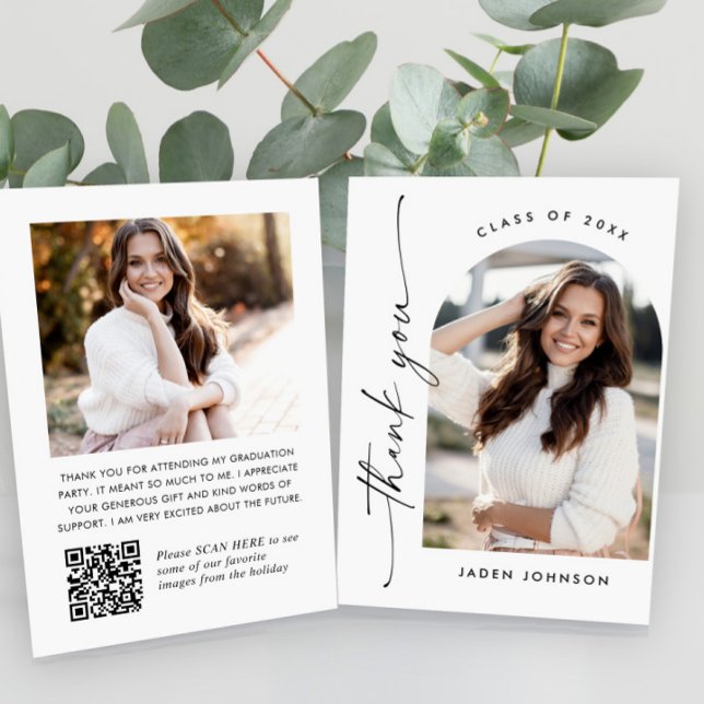 Elegant Minimalist Graduation 2 Photo QR code Thank You Card (Creator Uploaded)