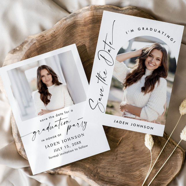 Elegant Minimalist Graduation Party 2 Photo Save The Date (Creator Uploaded)