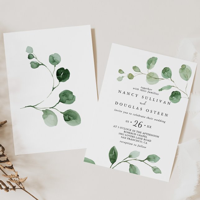 Elegant Minimalist Green Eucalyptus Casual Wedding Invitation (Creator Uploaded)