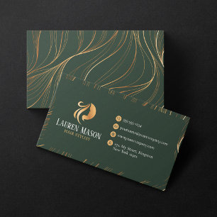 Elegant Minimalist Green Gold HairStylist Salon Business Card