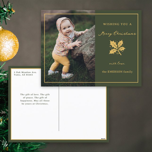 Elegant Minimalist Green/Gold Photo Holiday Postcard (Creator Uploaded)