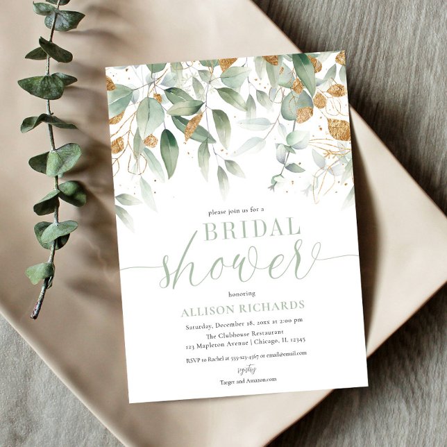 Elegant minimalist greenery gold bridal shower invitation (Creator Uploaded)