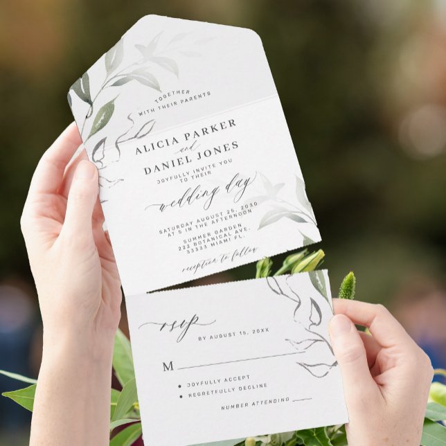 Elegant minimalist greenery leaves RSVP wedding All In One Invitation (Creator Uploaded)