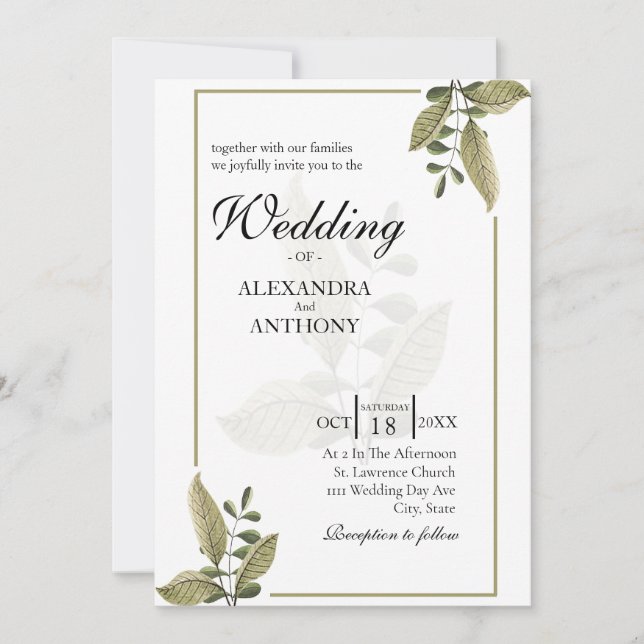 Elegant Minimalist Greenery Wedding Invitation (Front)
